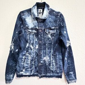 Men’s Distressed Denim Jacket Blue Bleached Paint Splatter Streetwear Size S